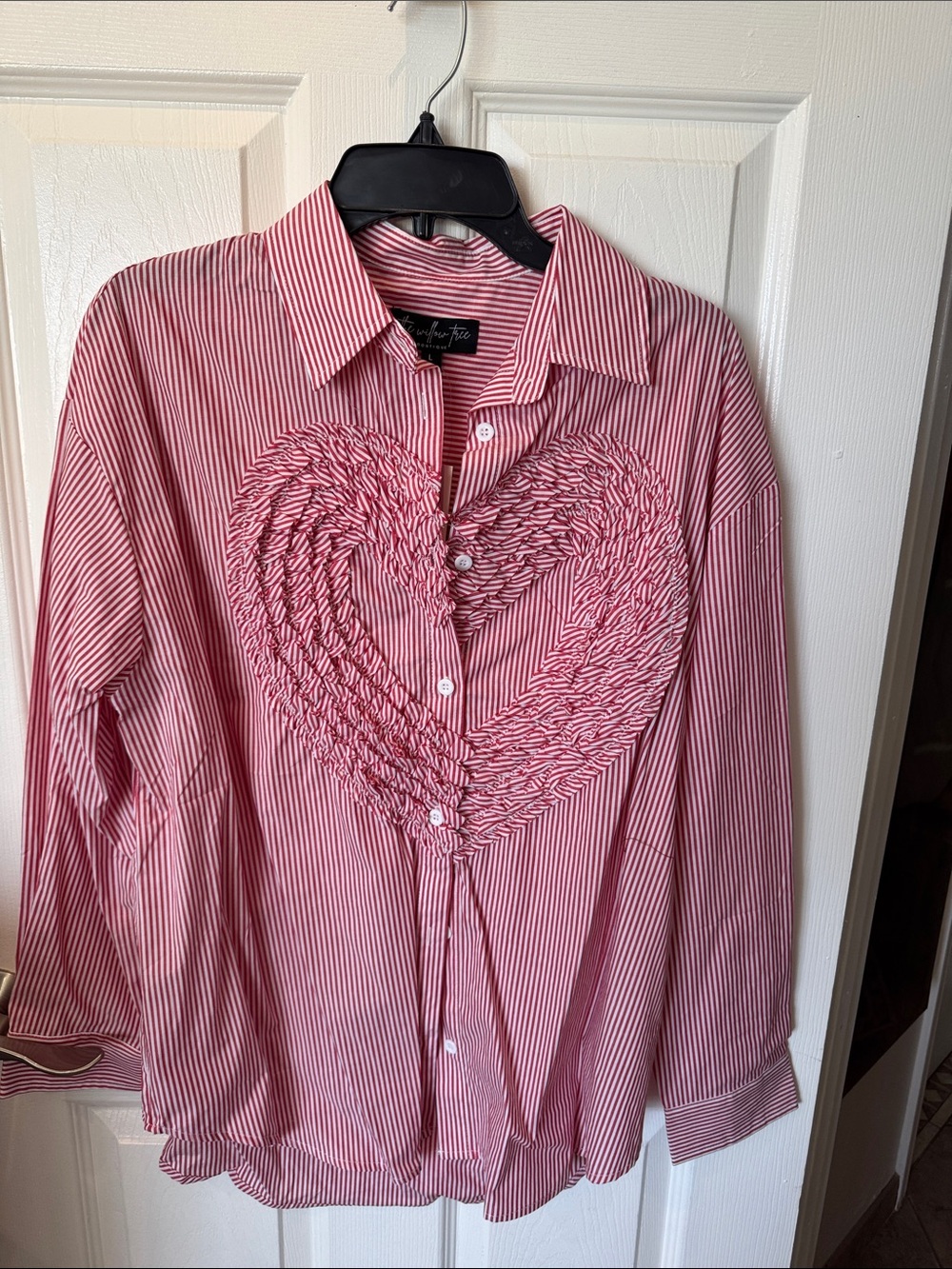 Willow Tree Exclusive Red/Pink Striped Button-Down Shirt with Heart Detail